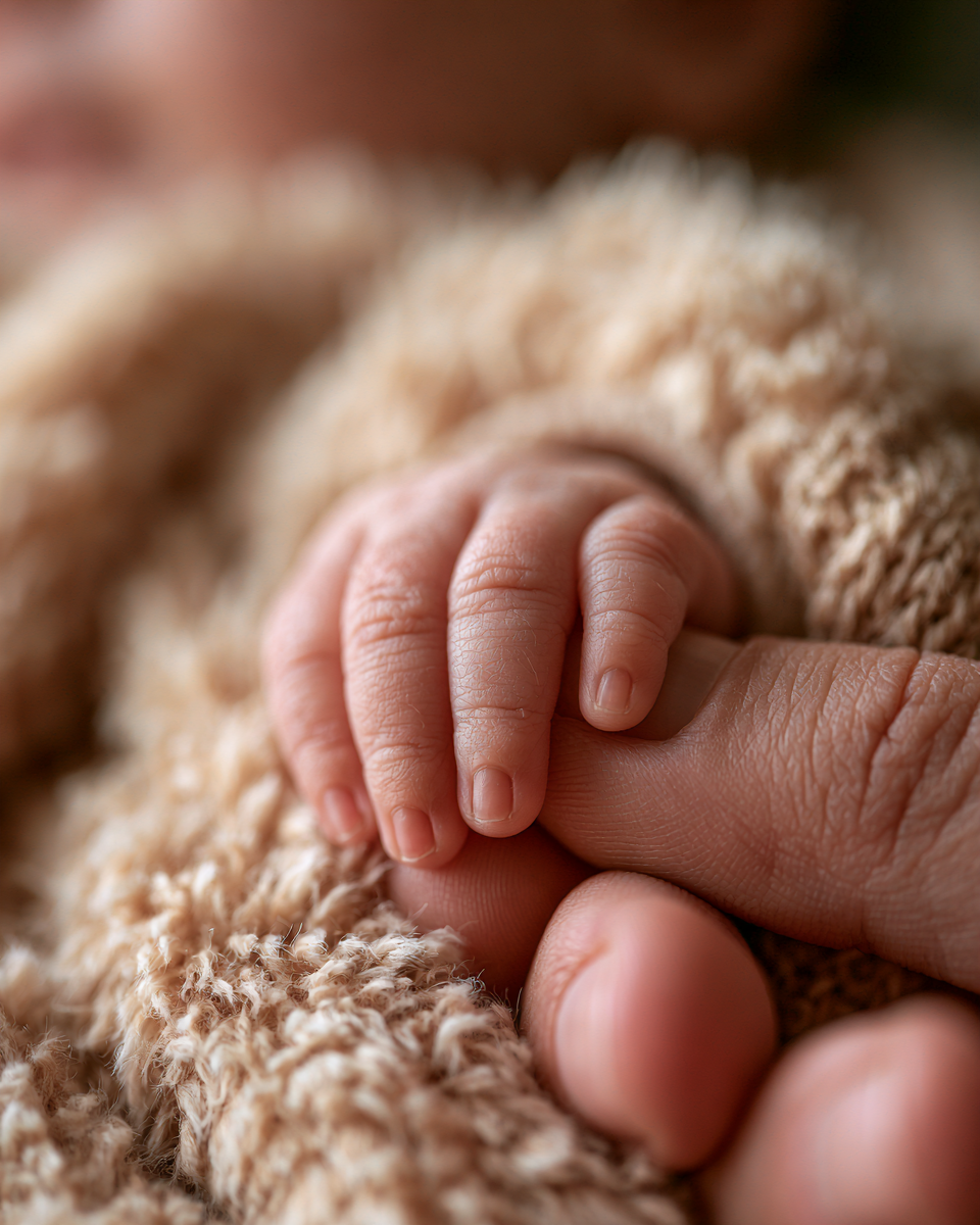 Hands cradling a newborn's foot wrapped in cream muslin